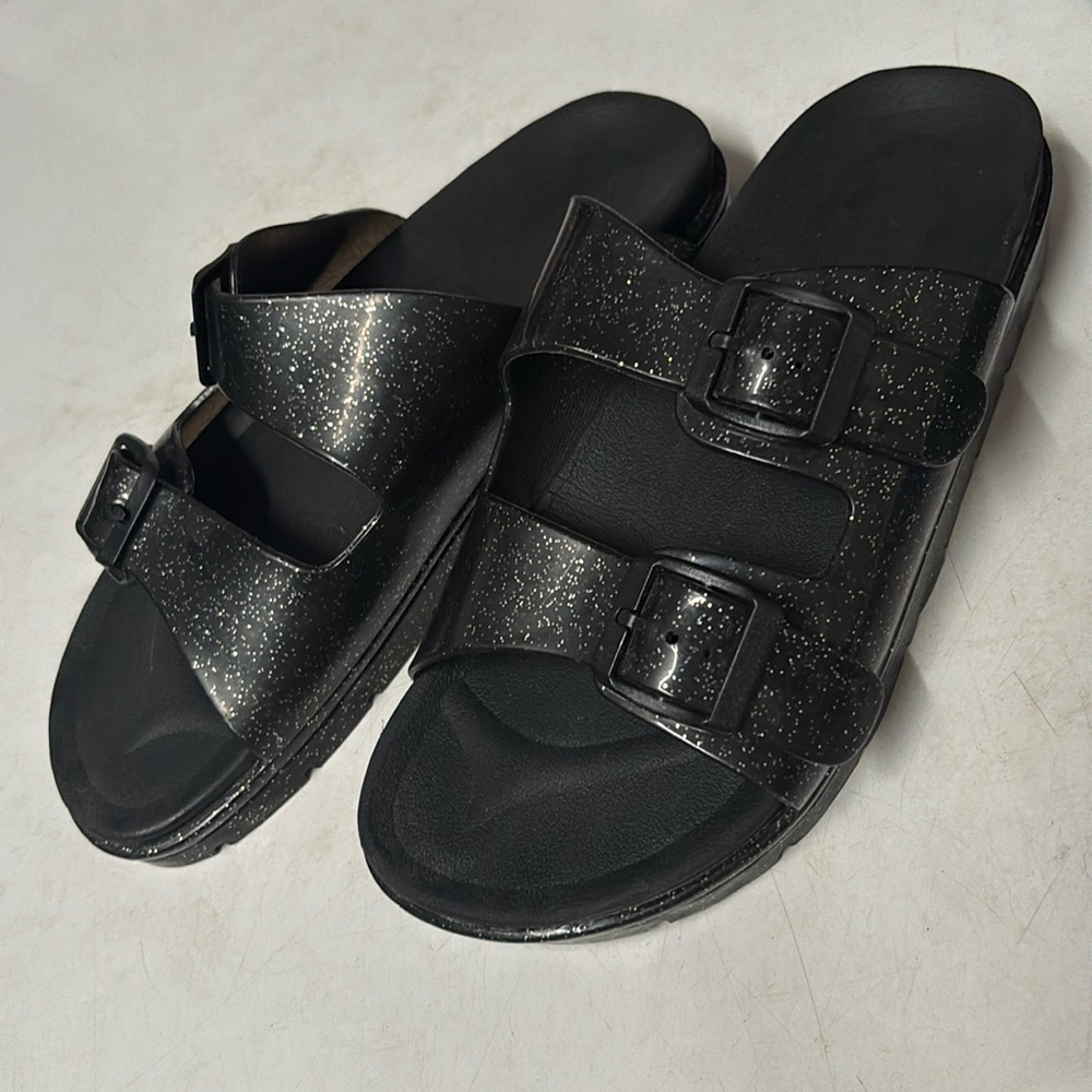 Black/Silver Glitter Double Strap Jelly Sandals
